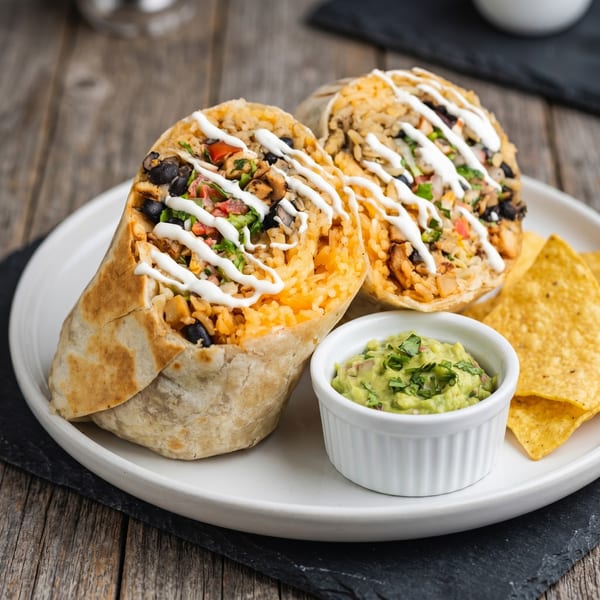 Two burritos with rice, beans, and salsa, drizzled with sour cream, served with guacamole and chips.