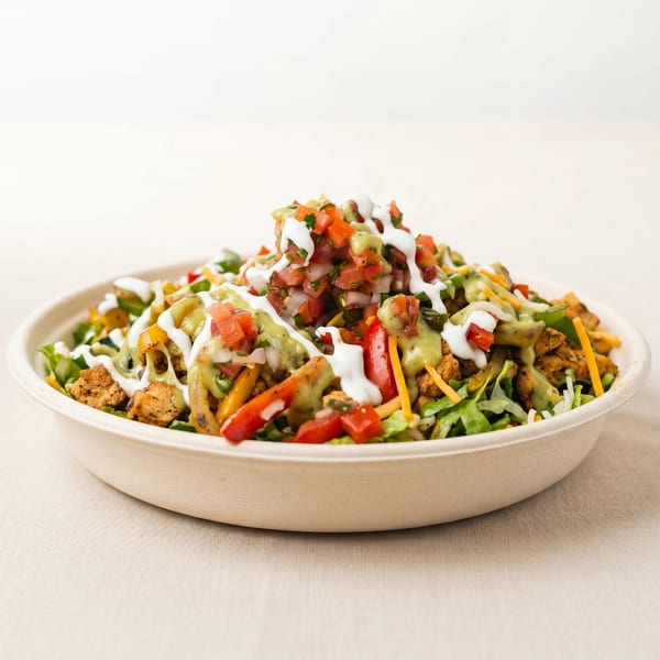 A vibrant chicken fajita bowl with pico de gallo, avocado crema, and sour cream in a compostable bowl.