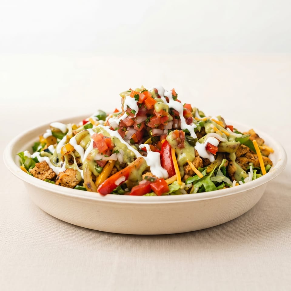 A vibrant chicken fajita bowl with pico de gallo, avocado crema, and sour cream in a compostable bowl.