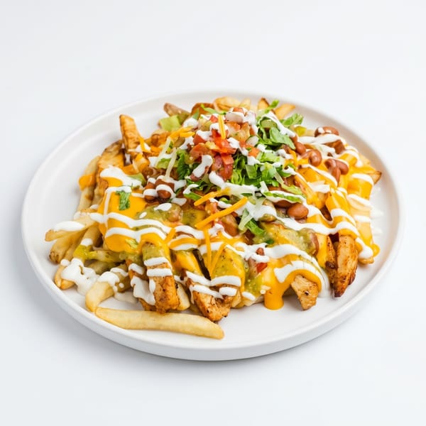 Loaded fries with chicken, cheese, beans, salsa, guacamole, and sour cream on a white plate.