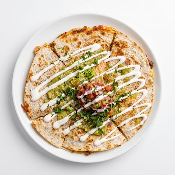 A quesadilla cut into wedges, topped with guacamole, pico de gallo, and sour cream on a white plate.