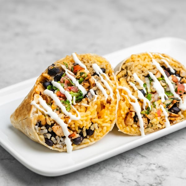 Two chicken and rice burritos, drizzled with white sauce, on a white rectangular plate.