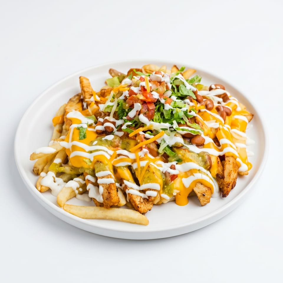 Loaded fries with chicken, cheese, beans, salsa, and sour cream on a white plate.