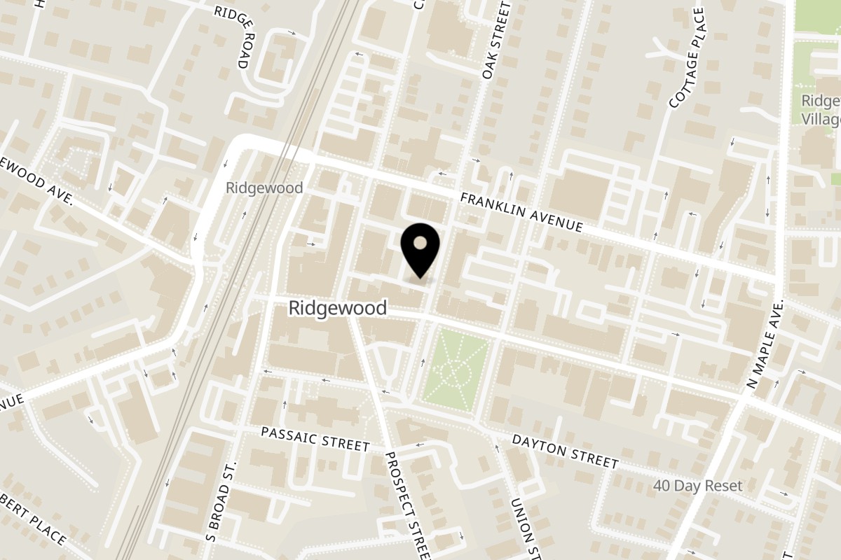 Map showing the location of The Sombrero Tacoria Ridgewood on 14 Oak Street in Ridgewood